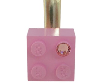 Light Pink LEGO® brick 2x2 with a Pink SWAROVSKI® crystal on a Silver/Gold hair clip (one piece)
