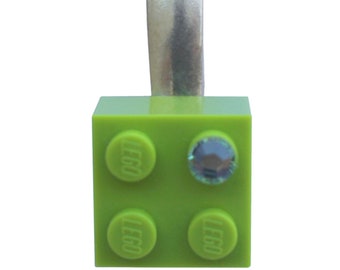 Light Green LEGO® brick 2x2 with a Green SWAROVSKI® crystal on a Silver/Gold hair clip (one piece)