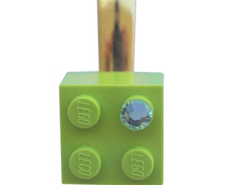 Light Green LEGO® brick 2x2 with a Green SWAROVSKI® crystal on a Silver/Gold hair clip (one piece)