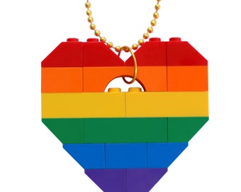 Rave PLUR Rainbow necklace - Chunky heart pendant - made from LEGO® bricks on a 24" Silver/Gold plated ballchain