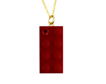 Red LEGO® brick 2x4 with a Red SWAROVSKI® crystal on a Silver/Gold plated trace chain or on a Red ballchain