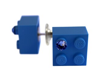 Light Blue LEGO® brick 2x2 with a Blue SWAROVSKI® crystal on a Silver/Gold plated stud