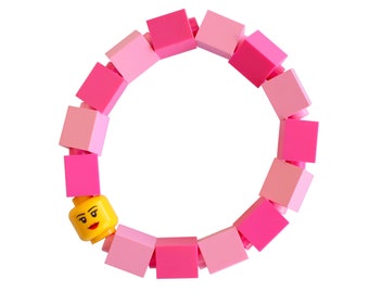 Pink Kids bracelet - made from LEGO® bricks and LEGO® Minifigure head on stretchy cords