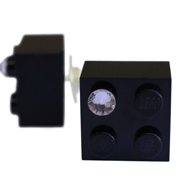 Black LEGO® brick 2x2 with a ‘Diamond’ color SWAROVSKI® crystal on a Silver/Gold plated stud