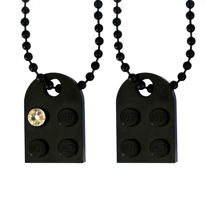 Black 2 piece customizable heart made from 2 LEGO® plates with a 'Diamond' color SWAROVSKI® crystal on 2 Black ballchains Best Friends image 3