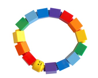 Rainbow Kids bracelet - made from LEGO® bricks and LEGO® Minifigure head on stretchy cords