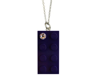 Purple LEGO® brick 2x4 with a 'Diamond' color SWAROVSKI® crystal on a Silver/Gold plated trace chain or on a Purple ballchain