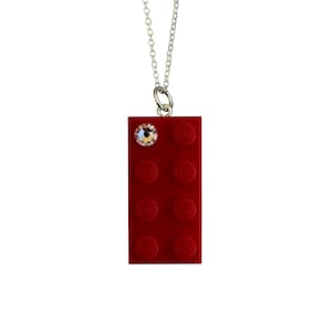 Red LEGO® brick 2x4 with a 'Diamond' color SWAROVSKI® crystal on a Silver/Gold plated trace chain or on a Red ballchain image 1