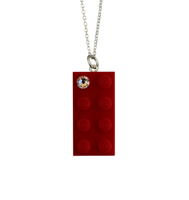 Red LEGO® brick 2x4 with a 'Diamond' color SWAROVSKI® crystal on a Silver/Gold plated trace chain or on a Red ballchain image 1