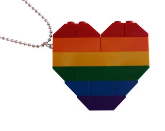 Rave PLUR Rainbow necklace - Chunky heart pendant - made from LEGO® bricks on a 24" Silver/Gold plated ballchain