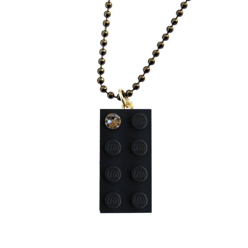 Gray LEGO® brick 2x4 with a 'Diamond' color SWAROVSKI® crystal on a Silver/Gold plated trace chain or on a Gray ballchain image 1