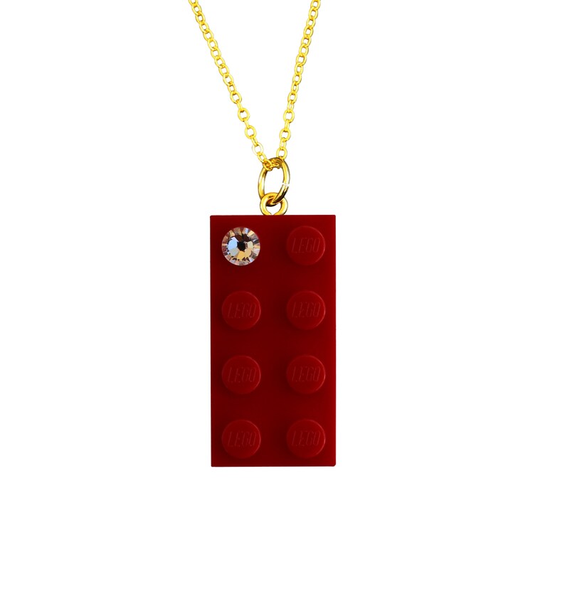Red LEGO® brick 2x4 with a 'Diamond' color SWAROVSKI® crystal on a Silver/Gold plated trace chain or on a Red ballchain image 3