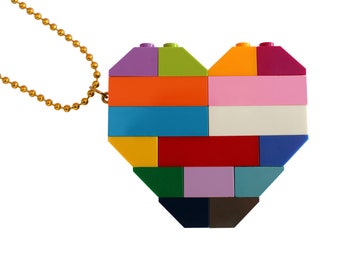 Playful colorful necklace - Chunky heart pendant - made from LEGO® bricks on a 24" Silver/Gold plated ballchain