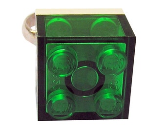 Transparent Green LEGO® brick 2x2 on a Silver/Gold plated adjustable ring finding