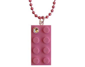 Light Pink LEGO® brick 2x4 with a 'Diamond' color SWAROVSKI® crystal on a Silver/Gold plated trace chain or on a Pink ballchain