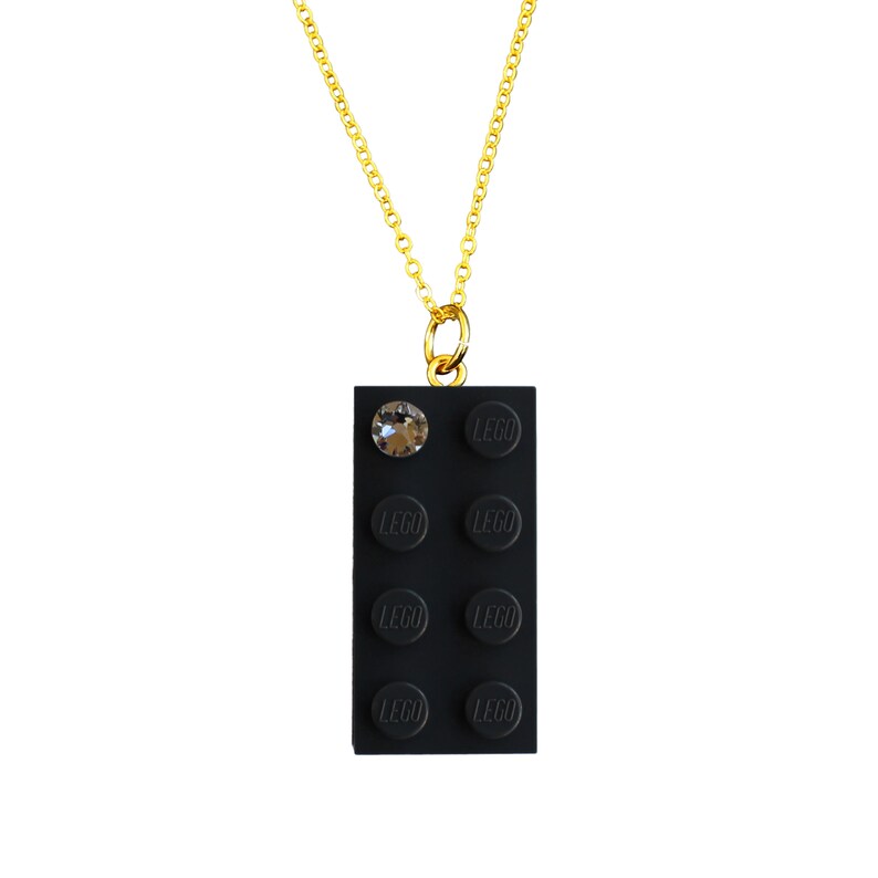 Gray LEGO® brick 2x4 with a 'Diamond' color SWAROVSKI® crystal on a Silver/Gold plated trace chain or on a Gray ballchain image 2