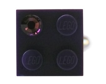 Purple LEGO® brick 2x2 with a Purple SWAROVSKI® crystal on a Silver/Gold plated adjustable ring finding