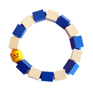 Bracelet pour enfants bleu foncé et blanc - fait de briques LEGO® et tête de Minifigurine LEGO® sur des cordons élastiqués