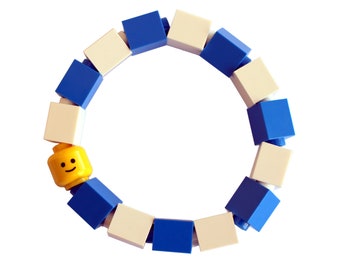 Dark Blue and White Kids bracelet - made from LEGO® bricks and LEGO® Minifigure head on stretchy cords