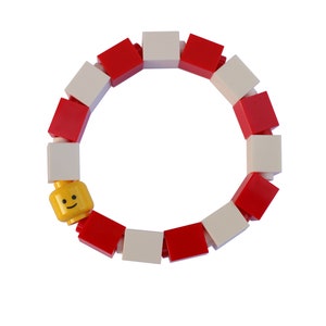 Bracelet pour enfants rouge et blanc - fait de briques LEGO® et tête de Minifigurine LEGO® sur des cordons élastiqués
