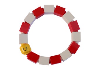 Red and White Kids bracelet - made from LEGO® bricks and LEGO® Minifigure head on stretchy cords