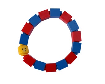 Red and Blue Kids bracelet - made from LEGO® bricks and LEGO® Minifigure head on stretchy cords