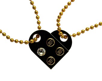 Chrome Gold 2 piece customizable LEGO® heart made from 2 LEGO® plates with a 'Diamond' color SWAROVSKI® crystal on 2 Gold plated ballchains