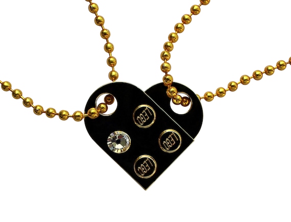 Chrome Gold 2 piece customizable LEGO heart made from 2 LEGO plates with a Diamond color SWAROVSKI crystal on 2 Gold plated ballchains