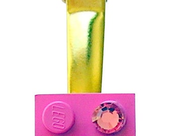 Dark Pink LEGO® brick 2x2 with a Pink SWAROVSKI® crystal on a Silver/Gold hair clip (one piece)