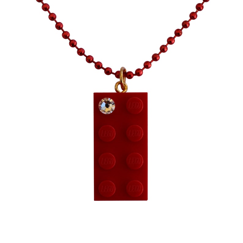 Red LEGO® brick 2x4 with a 'Diamond' color SWAROVSKI® crystal on a Silver/Gold plated trace chain or on a Red ballchain image 2