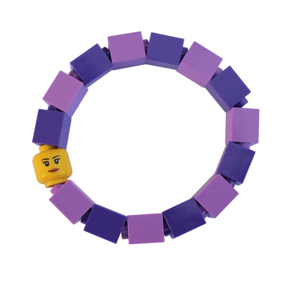 Bracelet pour enfants violet - fait de briques LEGO® et tête de Minifigurine LEGO® sur des cordons élastiqués