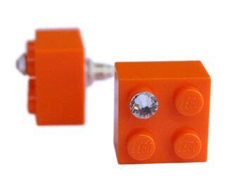 Orange LEGO® brick 2x2 with a 'Diamond' color SWAROVSKI® crystal on a Silver/Gold plated stud