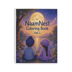 May include: A softcover coloring book titled "NaamNest Coloring Book Vol. 1" features a serene illustration. Two figures sit by a lake, gazing at a full moon. The cover art is in shades of blue, purple, and gold, with a peaceful, nighttime scene.