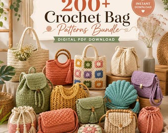 Paquete de más de 200 patrones de bolsos de ganchillo / Patrones de ganchillo en PDF estilo boho, bolsos de mano, carteras y neceseres / Descarga digital instantánea