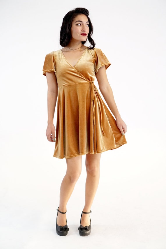 Gold Velvet Wrap Dress Online Hotsell ...