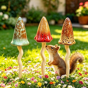 May include: Three ceramic mushroom garden stakes with tall, slender, wavy stems. The left cap is teal and brown, the center cap is red and orange with dark speckles, and the right cap is brown with dark spots. A small squirrel stands near the right stake.