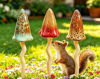 Tinkling Toadstool Garden Stake Whimsical Ceramic Mushroom Wind Chime Fairy Ornament Handmade Garden Gift