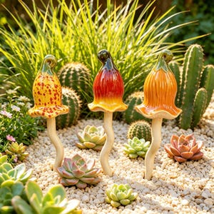 Estacas de cerámica con forma de seta tintineante de Whimscal para decoración de jardín.