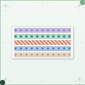 May include: A set of five decorative adhesive tape strips arranged horizontally. The patterns include purple flowers, green polka dots, diagonal orange stripes, blue hearts, and a beige row of small diamonds on a light background.