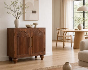 Hand Carved Mango Wood Sideboard, Roasted Almond Storage Cabinet Brass Handles