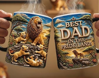 Gepersonaliseerde mok beste vader in de Pride Lands, aangepaste Lion Dad-mok, koffiemok papa en kinderen, Vaderdagcadeau voor papa, mok familienaam