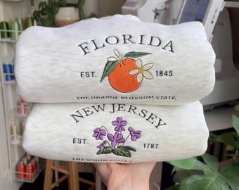 Custom State Flower Embroidered Sweatshirt, Florida, New Jersey Floral Vintage Hoodie Crewneck Gift