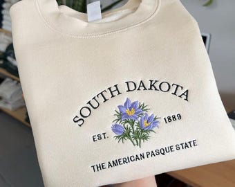 South Dakota Embroidered Sweatshirt, American Pasque Floral Crewneck, Vintage South Dakota Hoodie Gift