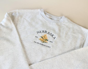 Nebraska Embroidered Sweatshirt, Goldenrod State Floral Crewneck, Vintage Nebraska Hoodie, State Flower Gift