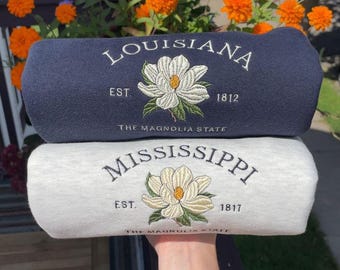 Custom State Flower Embroidered Sweatshirt, Louisiana, Mississippi Magnolia Floral Vintage Hoodie Gift