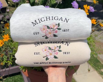 Michigan Embroidered Sweatshirt, Apple Blossom State Floral Crewneck, Vintage Michigan Hoodie Gift