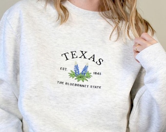 Texas Embroidered Sweatshirt, Bluebonnet State Floral Crewneck, Vintage Texas Hoodie, State Flower Gift