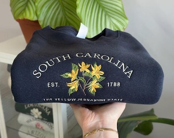 South Carolina geborduurd sweatshirt, gele jessamine bloemen ronde hals, vintage South Carolina hoodie cadeau