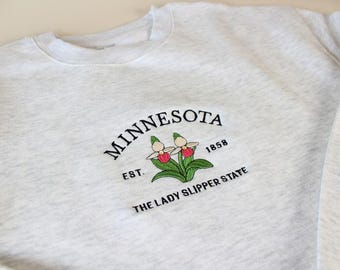 Minnesota Embroidered Sweatshirt, Lady Slipper State Floral Crewneck, Vintage Minnesota Hoodie Gift