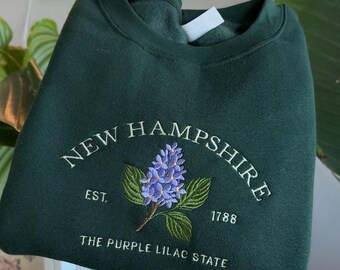 New Hampshire Embroidered Sweatshirt, Purple Lilac State Floral Crewneck, Vintage New Hampshire Hoodie Gift